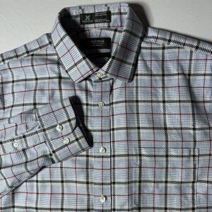 Nordstrom Mens Size 15.5 34/35 Houndstooth Blue Check Trim Fit Woven Long Sleeve